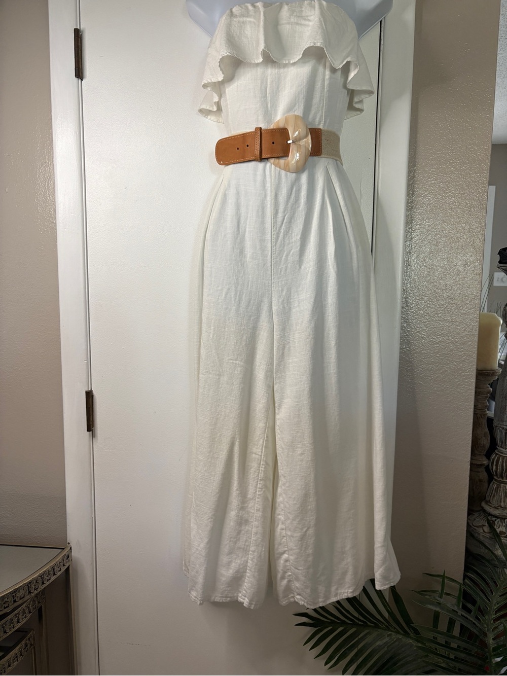 Altar'd State Cream Strapless Ruffle Wide-Leg Jumpsuit